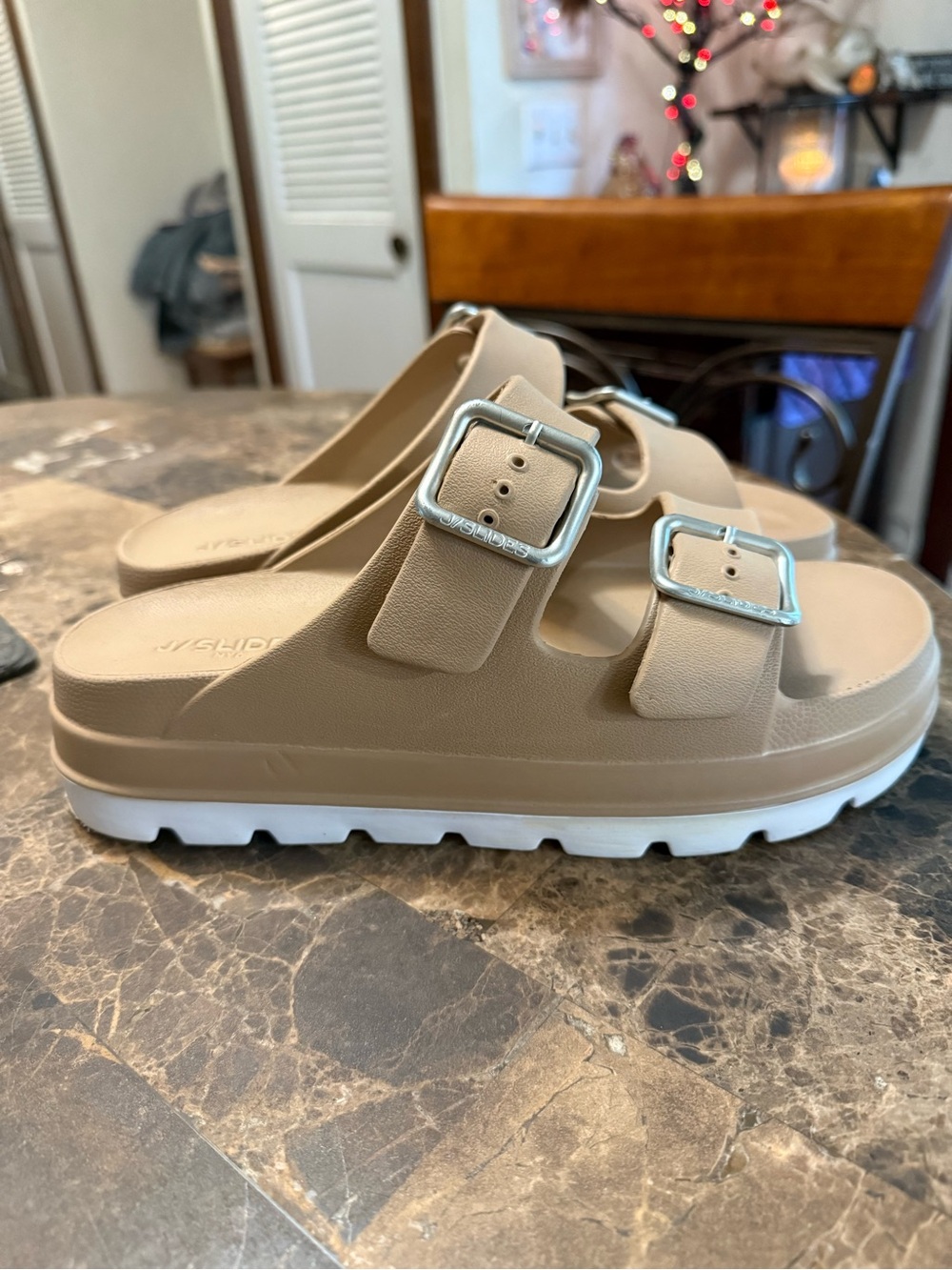 J/SLIDES NYC Beige Double Buckle Platform Slide Sandals